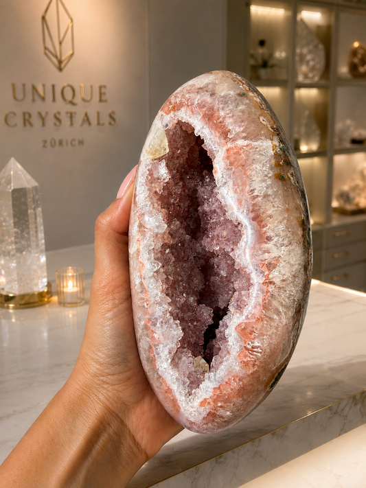Seltene pinke Rainbow Amethyst Druse 1,52 kg als dekoratives Kristall Traumstück