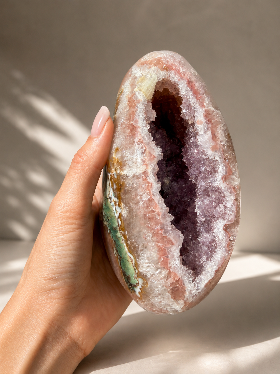 Seltene pinke Rainbow Amethyst Druse mit rosa Kristallen, Doppelkristallisation und Rainbow-Effekt, ca. 1,52 kg schwer.