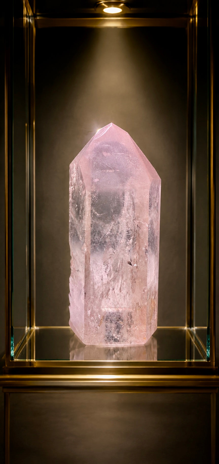 Seltener Pink Lithium Kristall, 15,8 cm gross und 1,22 kg schwer, teilweise poliert mit naturbelassener Seite, hohe Klarheit und zartes Hellrosa.