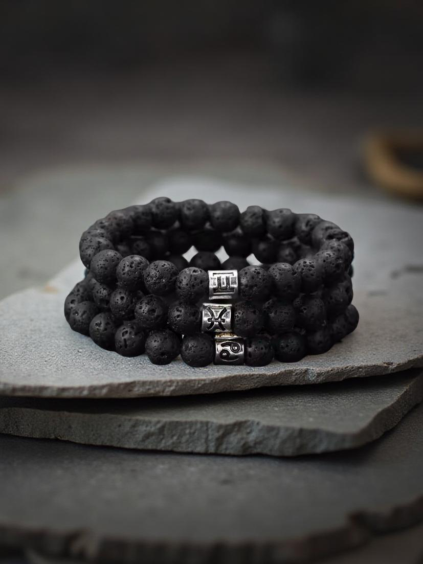 Sternzeichen-Armband mit 8 mm Lavaperlen und Edelstahl-Symbol, Unisex,