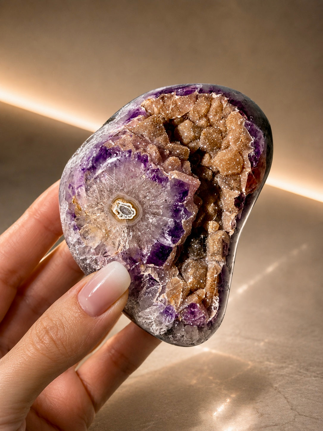 Sugar Amethyst Freeform mit Doppelkristallisation – Copper Gold – 9 cm – Uruguay