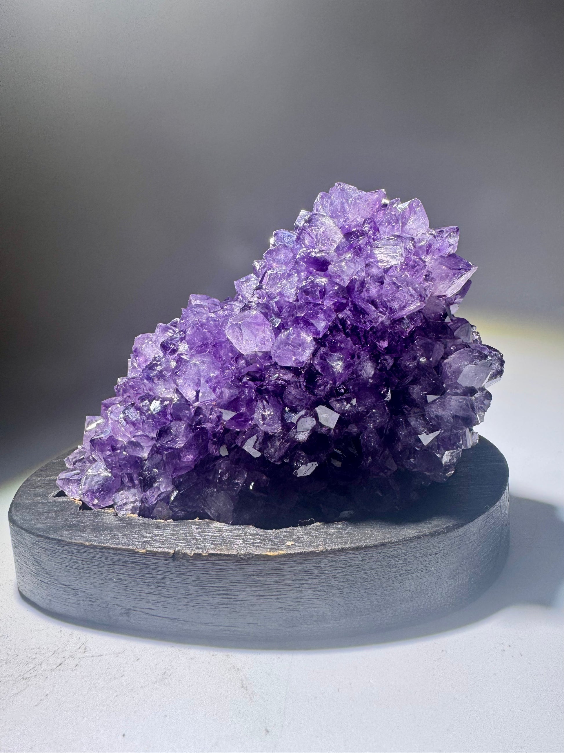 Tiefviolette Amethystblüte auf Holzständer aus Uruguay