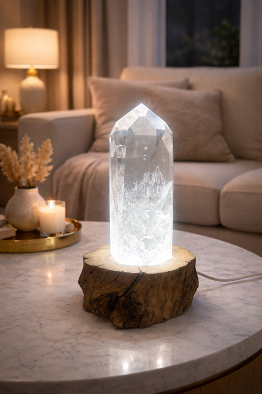 Ultraklar • Premium-Bergkristall aus Brasilien • Handgefertigter Holzsockel • Integriertes LED-Licht mit USB • Vielseitig verwendbar