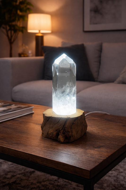 Ultraklare Bergkristallspitze aus Brasilien mit LED-Holzsockel, 762 g, Gesamthöhe 20 cm, Premium-Qualität