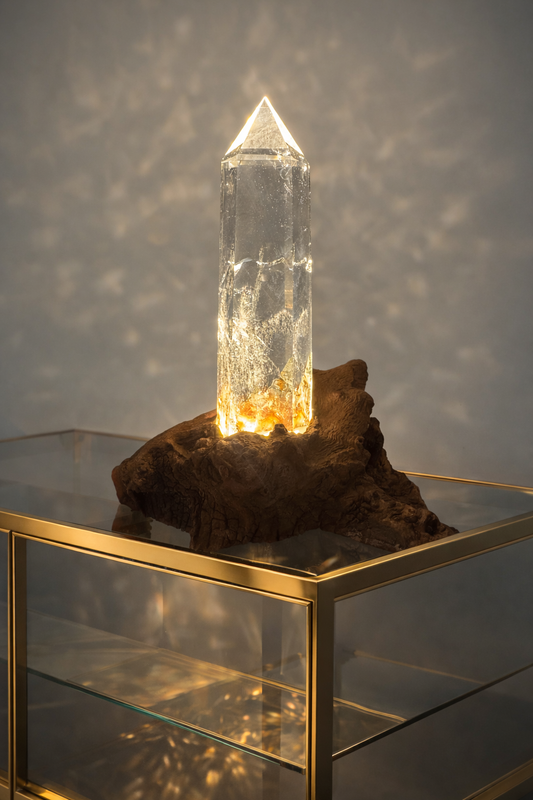 Ultraklare Bergkristallspitze mit Naturwurzel und LED-Licht, Gesamthöhe 19 cm, Premium-Qualität