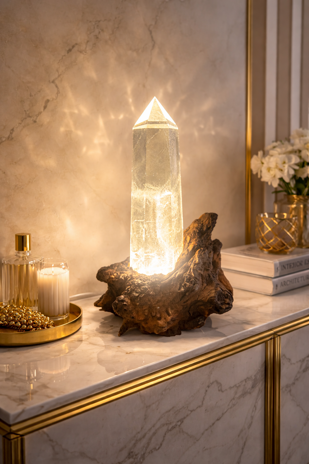 Ultraklare Bergkristallspitze mit Wurzelbasis und LED-Licht – Premium Naturkristall