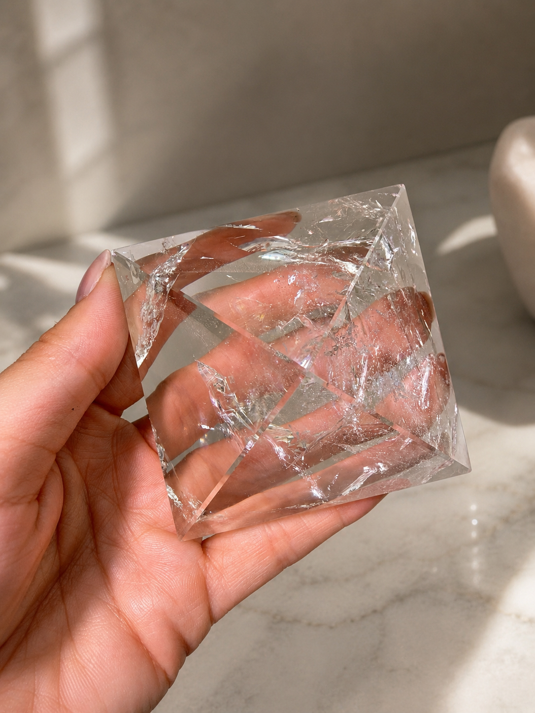 Ultraklare Lemurian-Kristallpyramide 7,4 × 7,4 cm – 290 g mit natürlichem Regenbogen