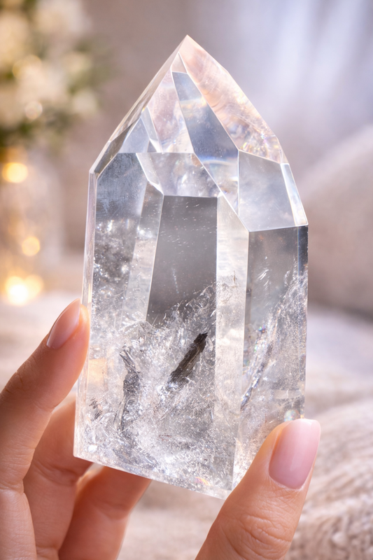 Ultraklare Lemurian Bergkristallspitze aus Bahia mit Regenbogen, 10.6 cm, 664 g