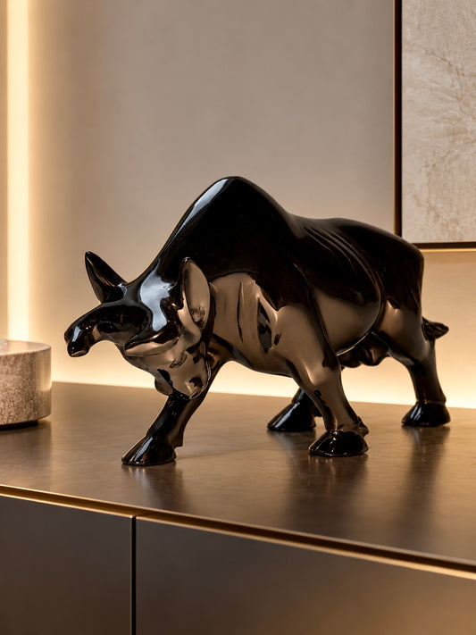 Wall Street Bulle aus echtem schwarzem Obsidian, handgefertigte Stier Skulptur aus Brasilien, 403 g