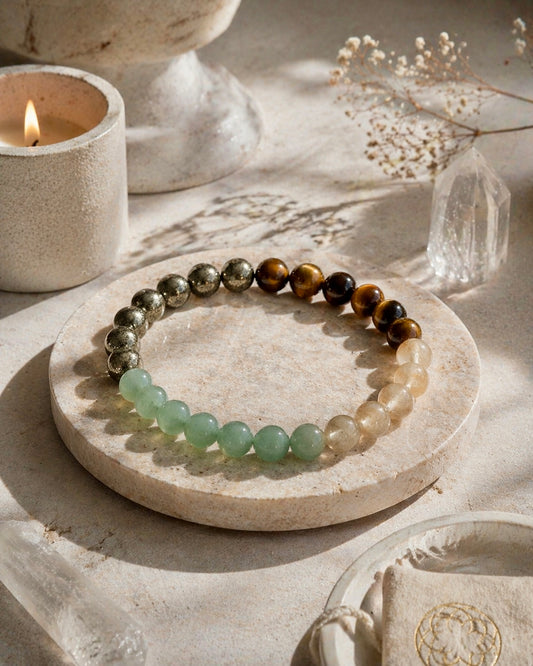 Wohlstands Armband aus Tigerauge Zitrin Aventurin und Pyrit, handgemacht für Fülle und Erfolg