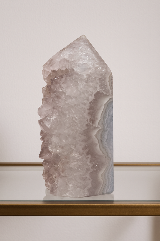 Wunderbare Quarzspitze mit grossen Kristallen & Achat-Banding – 1A-Qualität, 13 cm aus Brasilien 