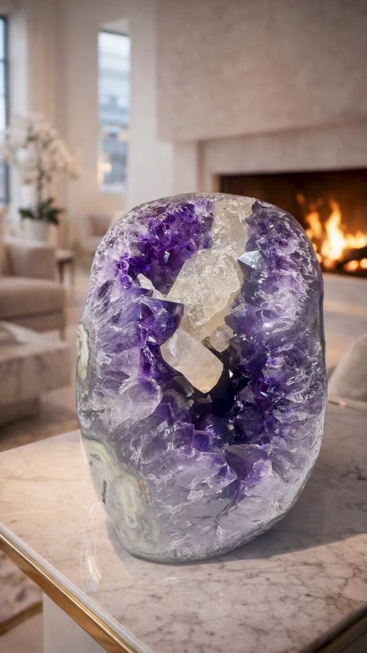 Exklusiver Amethyst mit Kalzit-Formation – Druse Geode 21.5 cm kaufen