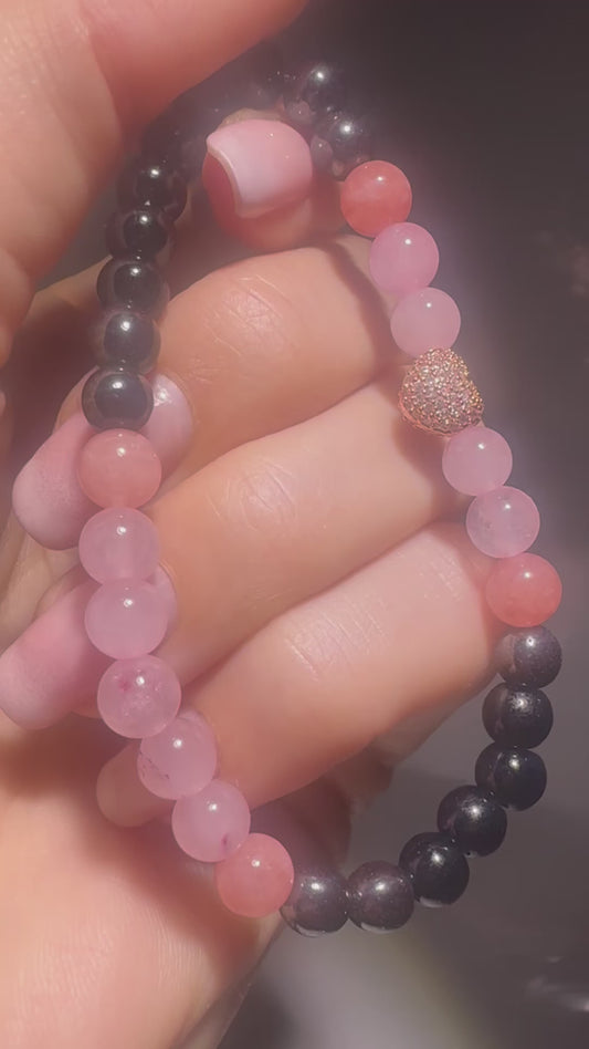 Bezauberndes Armband mit Rosenquarz, Onyx, Hämatit & rosegoldenem Herz 💖