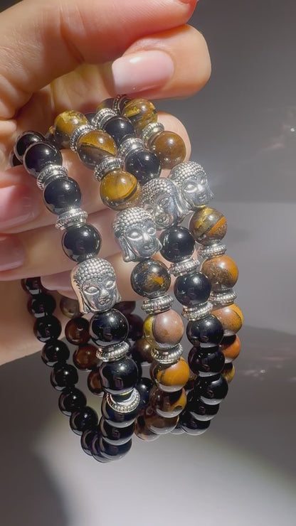 Onyx oder Tigerauge Armband 19 cm mit Buddha Charme | Handgeknüpft